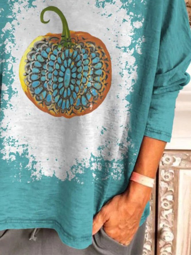 Retro Kürbis Geometrisch Print Rundhals Langarm Große Größen Lässig Blusen&Shirts