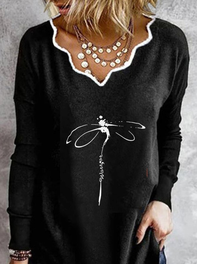 Basic Kontrast Shirts & Blusen mit Libelle Print