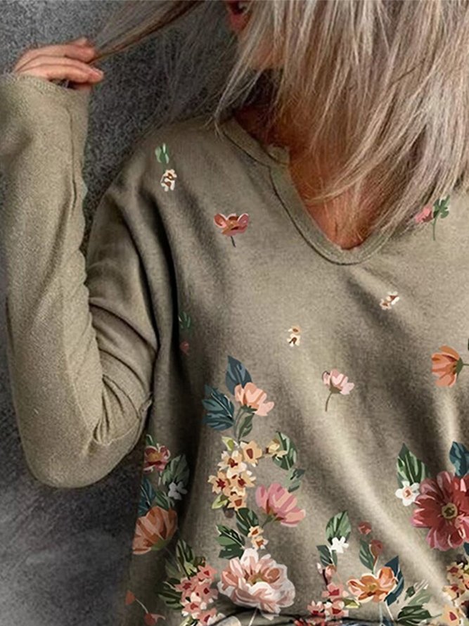 Retro Blumenmuster V-Ausschnitt Langarm Große Größen Lässig Blusen&Shirts