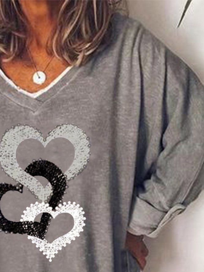 Retro Liebe Print V-Ausschnitt Langarm Große Größen Lässig Blusen&Shirts