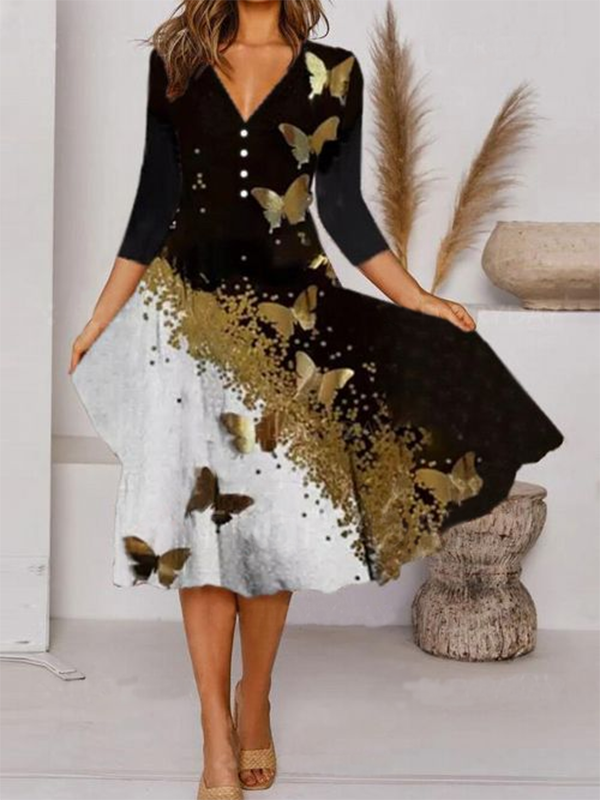 Schmetterling Print Langarm V-Ausschnitt Freizeitkleid
