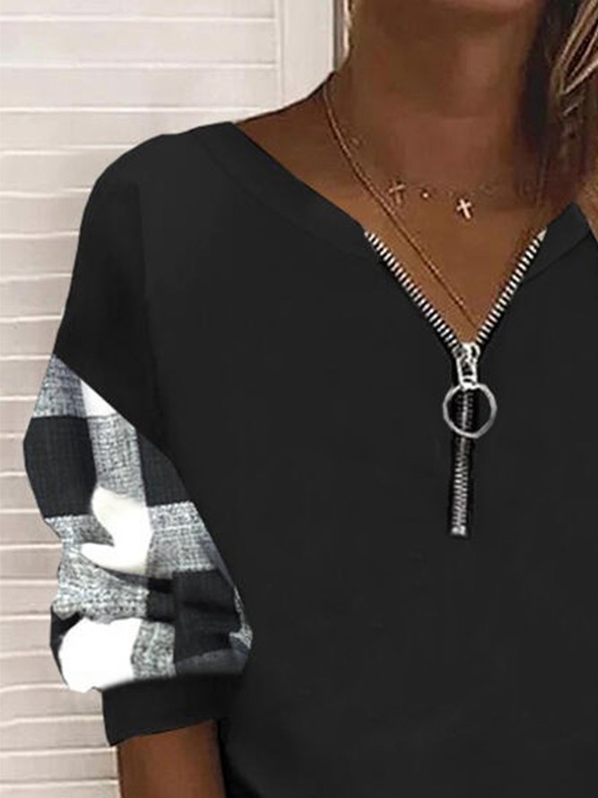 Langarm Karierte Shirts & Blusen mit Reißverschluss & V-Ausschnitt