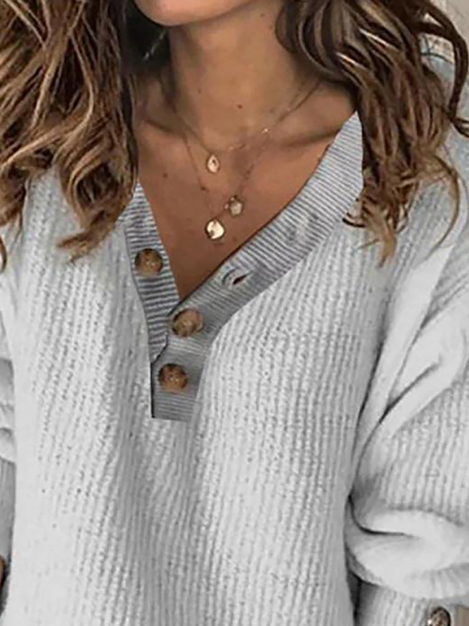 Große Größen Unifarben Strick V-Ausschnitt Pullover