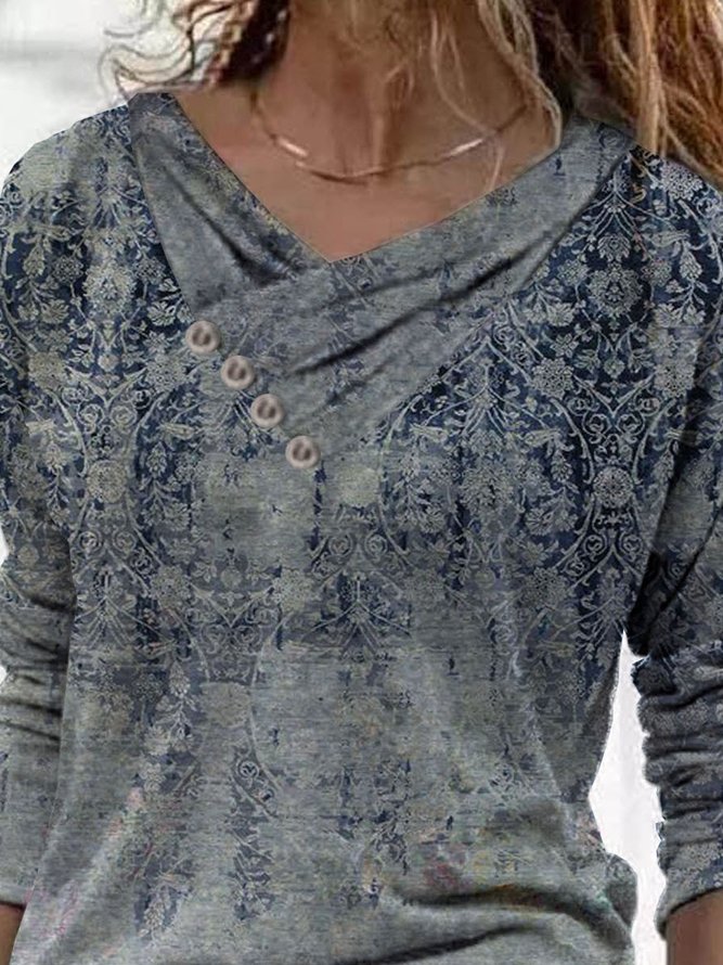 Baumwollgemisch Ethnisch Wasserfallausschnitt T-Shirt