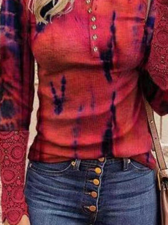 Lässig Batik Rundhals Langarm & Blusen&Shirts
