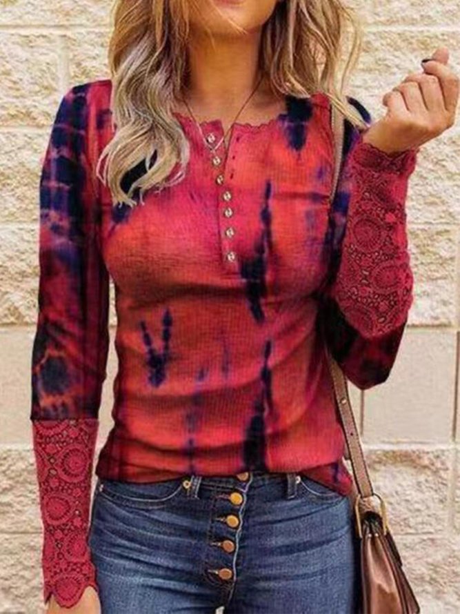 Lässig Batik Rundhals Langarm & Blusen&Shirts