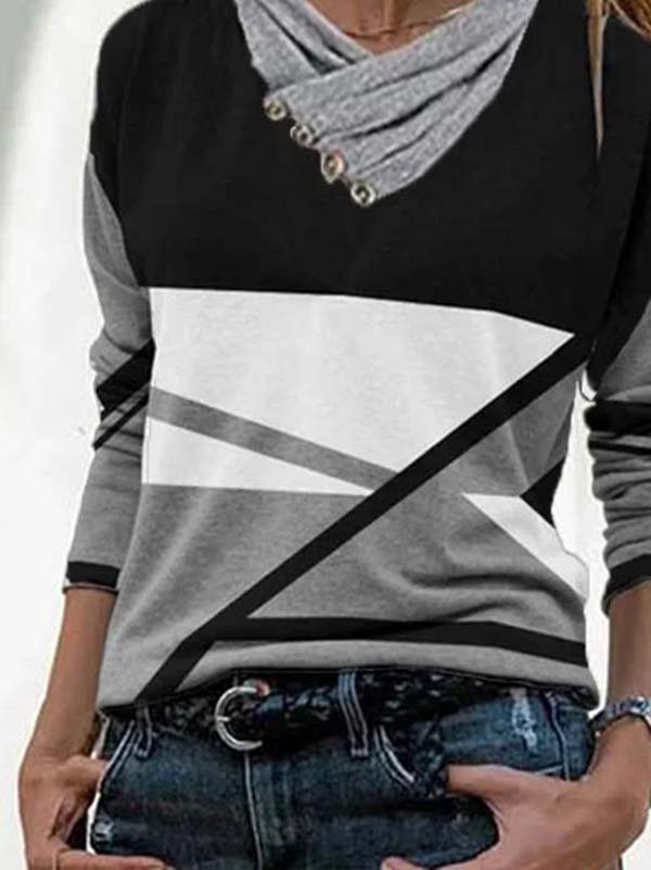 Wasserfallausschnitt Langarm Farbblock Lässig T-Shirt