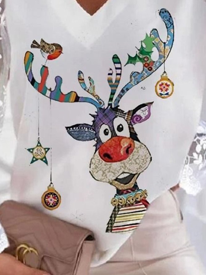 Weihnachten Hirsch Muster Langarm V-Ausschnitt Spitze Große Größen Lässig Blusen&Shirts