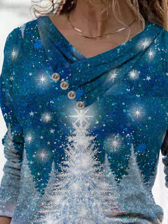 Weihnachten Lässig Print Wasserfallausschnitt Langarm Blusen & Shirts