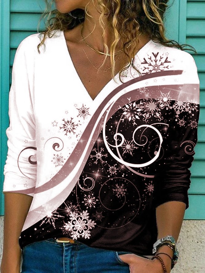 Print Lässig V-Ausschnitt Langarm Locker Blusen & Shirts