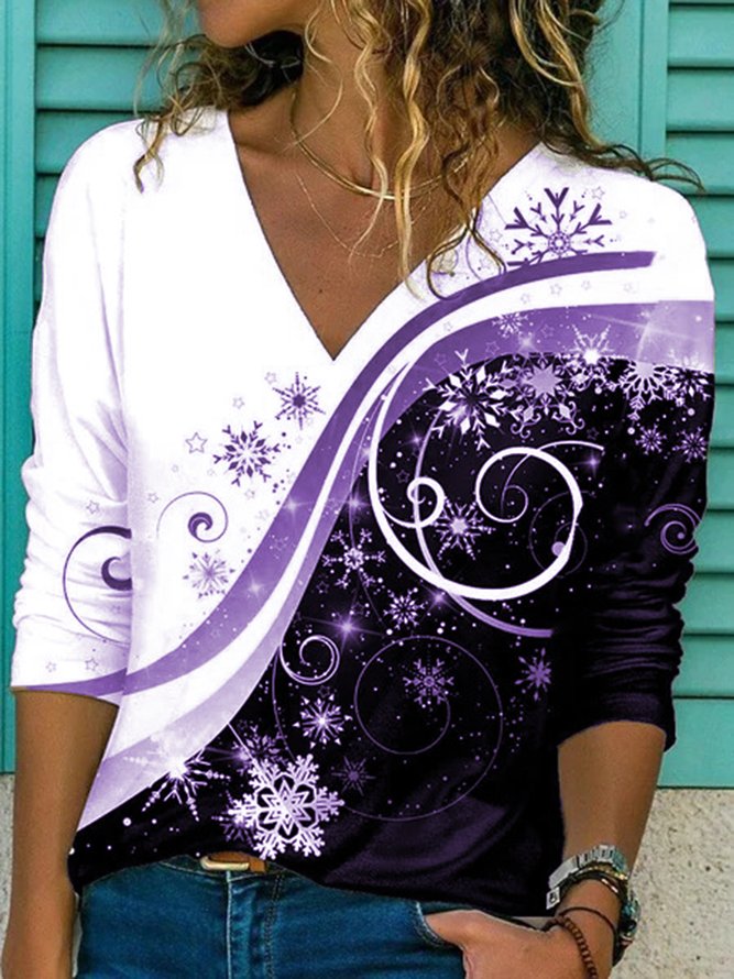 Print Lässig V-Ausschnitt Langarm Locker Blusen & Shirts