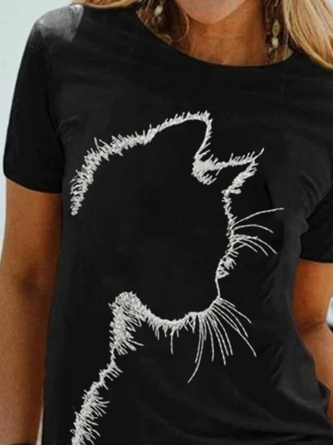 Kurzarm Rundhals T-Shirts mit Katze Print