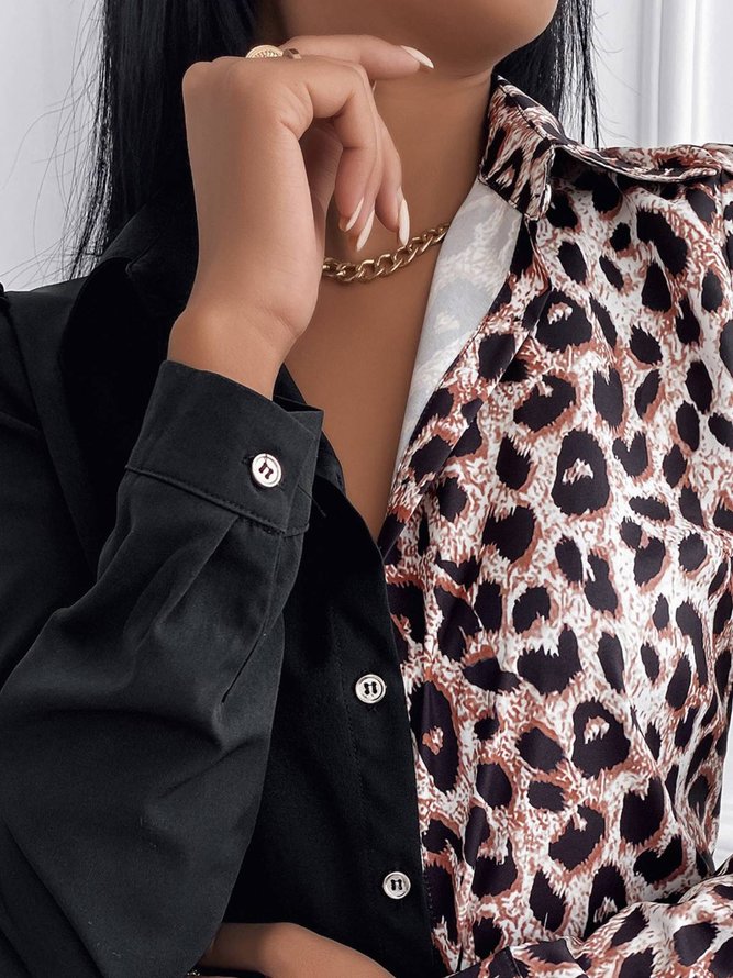 Lässig Hemdkragen Leopard Regelmäßige Passform Bluse