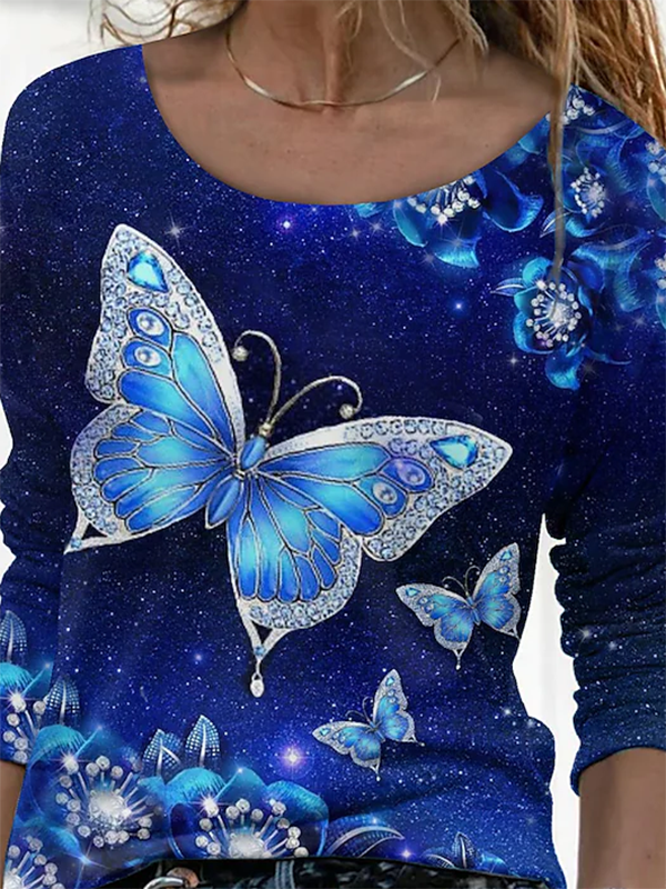 Langarm Lässig Rundhals Schmetterling T-Shirt