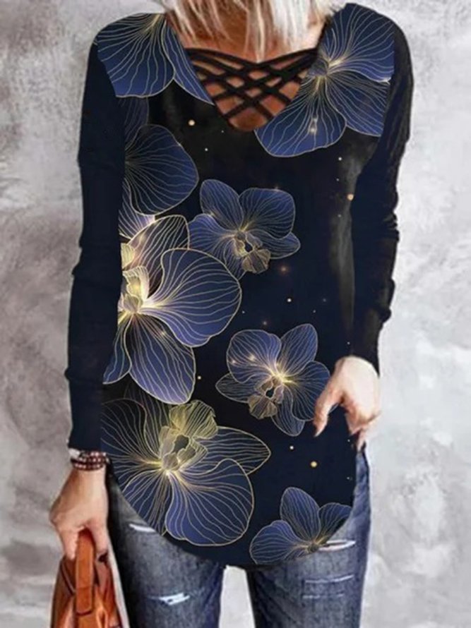 Lässig Blumenmuster V-Ausschnitt Langarm Locker Shirts & Blusen