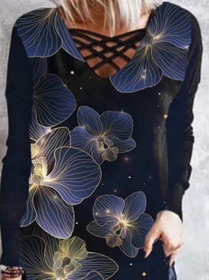Lässig Blumenmuster V-Ausschnitt Langarm Locker Shirts & Blusen