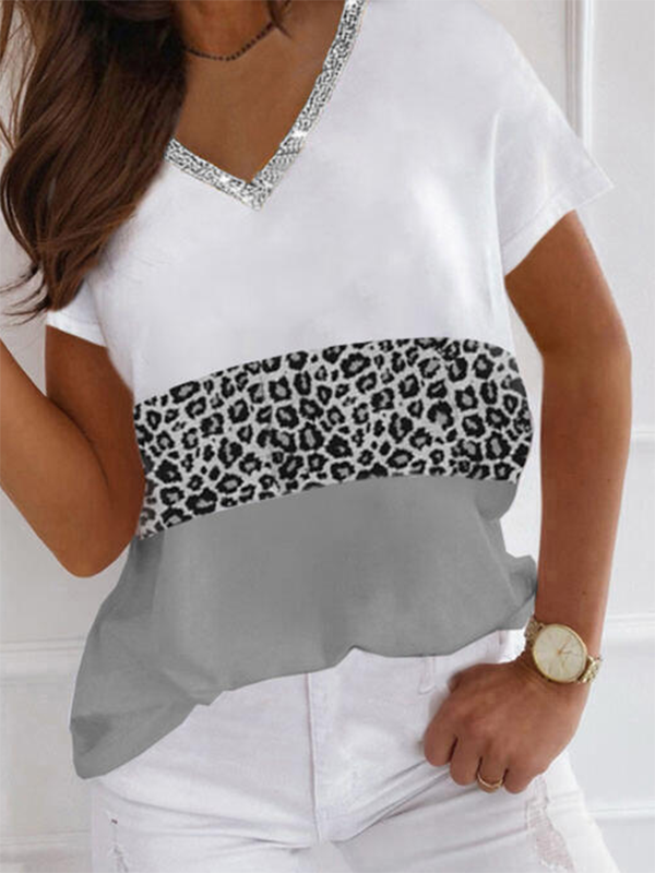 Leopard Farbblock Lässig Kurzarm Shirts & Blusen