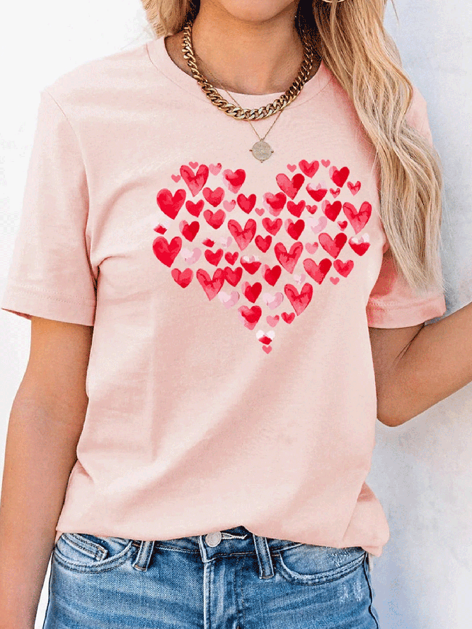 Herzen Print Rundhals Kurzarm Grafik T-Shirts