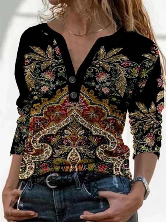 Paisley Print Langarm Polo Große Größen Lässig Blusen&Shirts