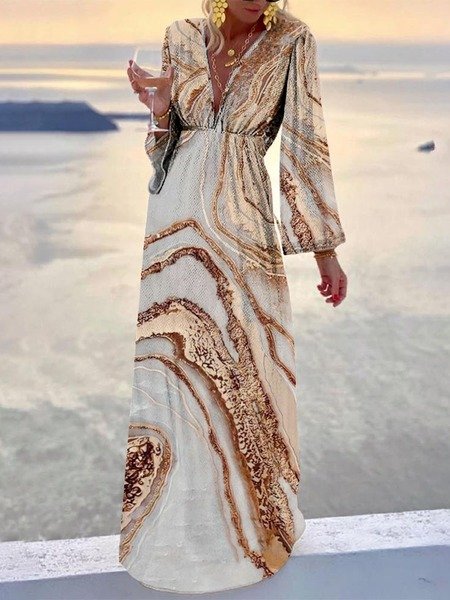 Geometrisch Langarm V-Ausschnitt Große Größen Freizeitkleid
