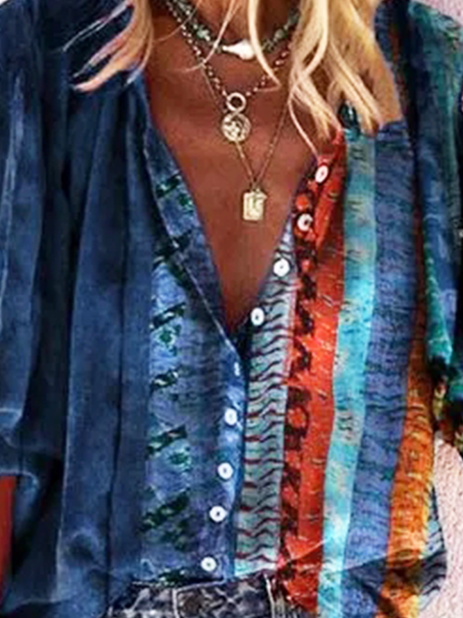 Hippie Farbblock V-Ausschnitt Halbarm Lässig Bluse
