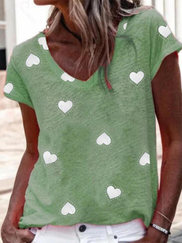 Kurzarm V-Ausschnitt Lässig Herz/Herz T-Shirt