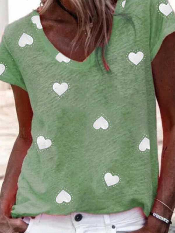 Kurzarm V-Ausschnitt Lässig Herz/Herz T-Shirt