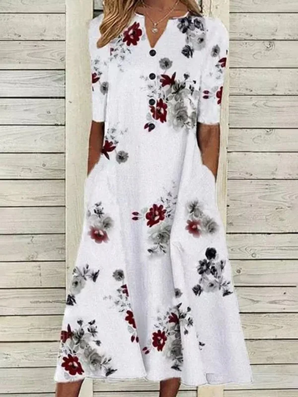 Geblümt Geknöpft V-Ausschnitt Kurzarm Gewebe Kleid