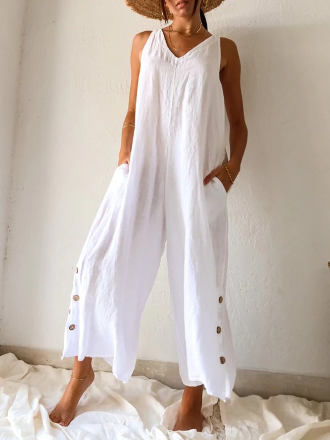 Lässig V-Ausschnitt Taschen Geknöpft Baumwolle Unifarben Ärmellos Locker Jumpsuit