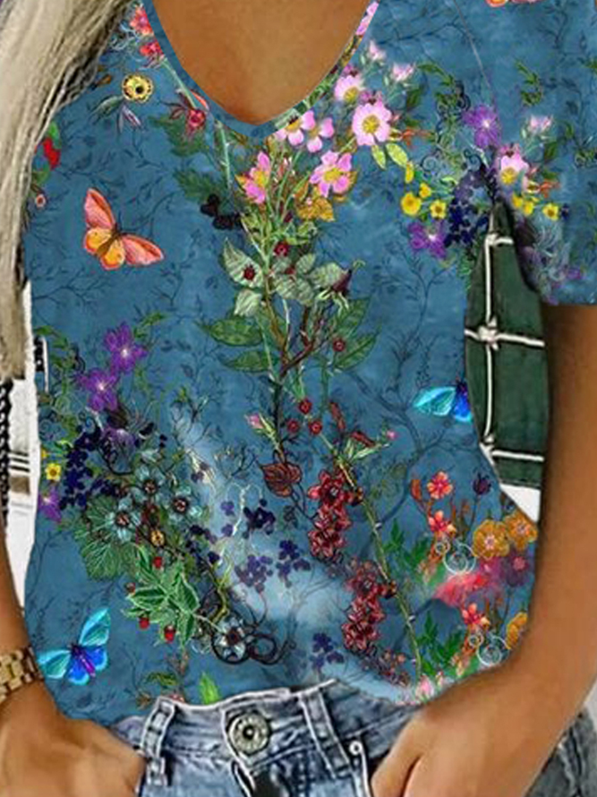 Romantisch Geblümt Lässig Raglan Ärmel V-Ausschnitt Regelmäßige Passform aushöhlen Kurzarm T-Shirt