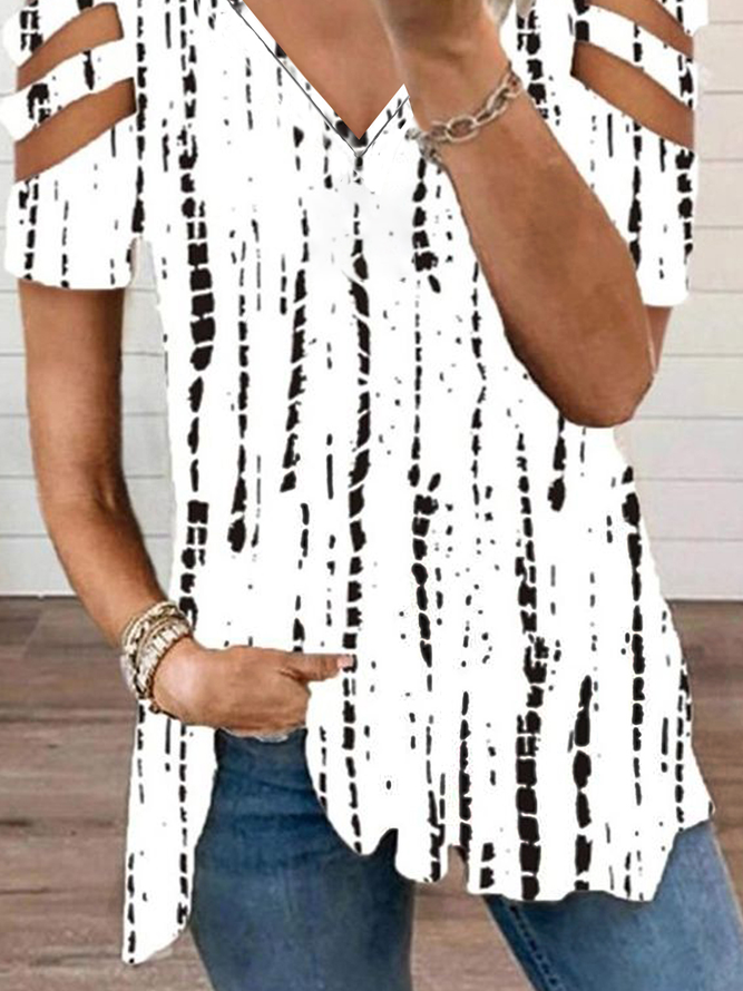 Ethnisch Geometrisch Gestreift Lässig Ausgehöhlt V-Ausschnitt Locker Kurzarm Tunika T-Shirt