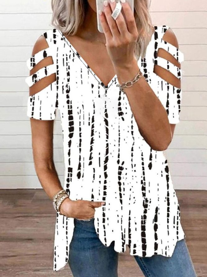 Ethnisch Geometrisch Gestreift Lässig Ausgehöhlt V-Ausschnitt Locker Kurzarm Tunika T-Shirt