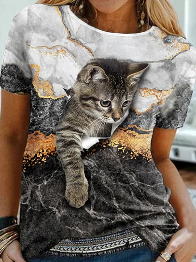 Lässig Bequem Katze Print Kurzarm T-Shirt