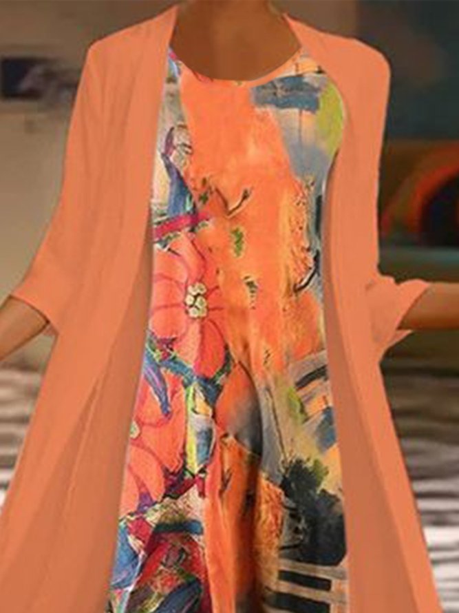 3/4 Ärmel Kunst Print Rundhals Große Größen Lässig Zwei Stücke Kleid mit Mantel