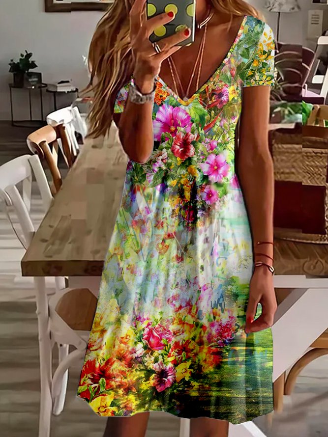 Geblümt V-Ausschnitt Kurzarm Große Größen Freizeitkleid