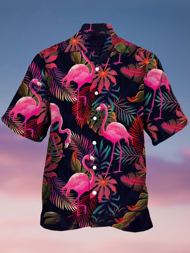 Herren Botanisch Flamingo Print Lässig Kurzarm Hawaiische Bluse