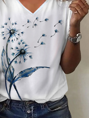 Urlaub Löwenzahn Blumenmuster Lässig Locker V-Ausschnitt Kurzarm T-Shirt