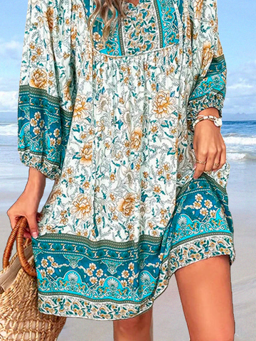 V-Ausschnitt Geblümt Urlaub 3/4 Ärmel Gewebe Kleid