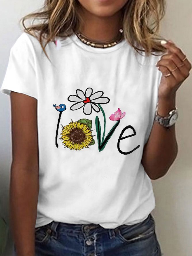 Lässig Rundhals Locker Geblümt Kurzarm T-Shirt