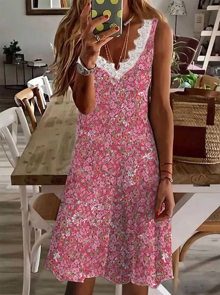 Spitze V-Ausschnitt Ärmelloses Freizeitkleid mit Blumenmuster