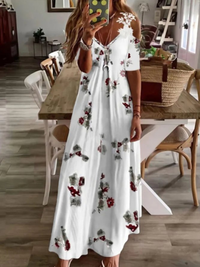 Lässig Geblümt Kurzarm V-Ausschnitt Große Größen Print Kleid