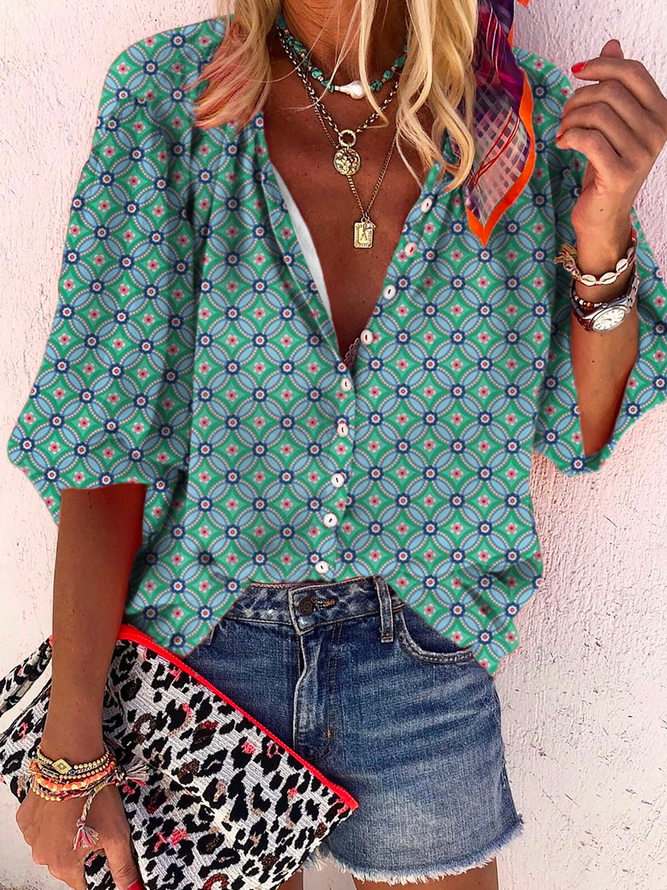 Große Größen Böhmisch Geometrisch Print Lässig Bluse