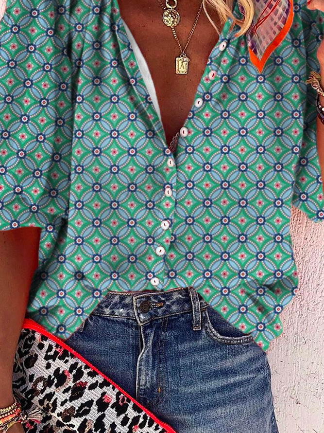 Große Größen Böhmisch Geometrisch Print Lässig Bluse