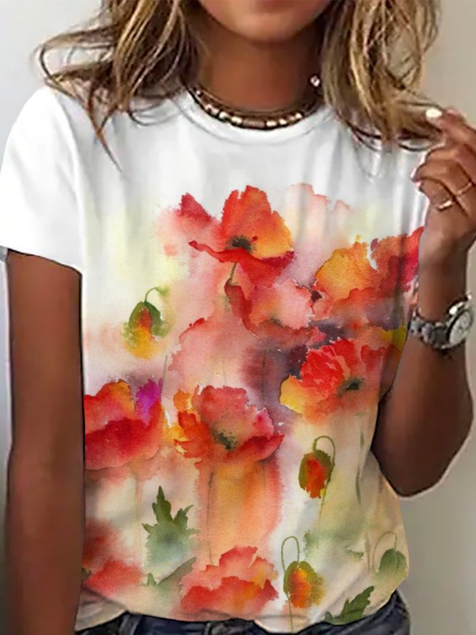 Lässig Geblümt Kurzarm Rundhals Große Größen Print Shirts & Blusen T-Shirts