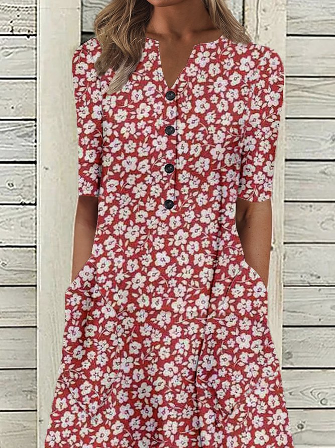 Geblümt Halbarm Geknöpft Große Größen Lässig Gewebe Kleid