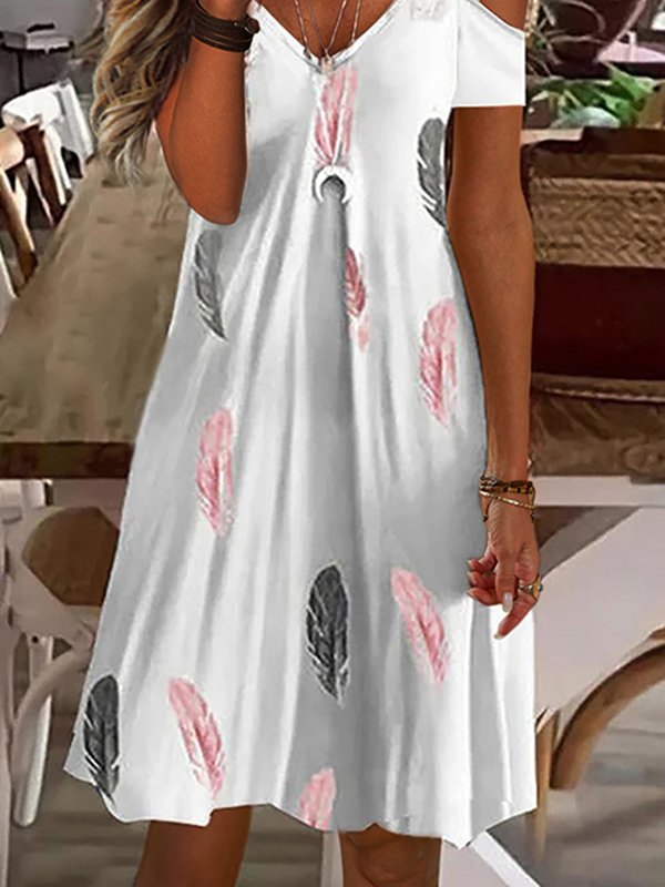 V-Ausschnitt Lässiges Kleid mit Feder Print