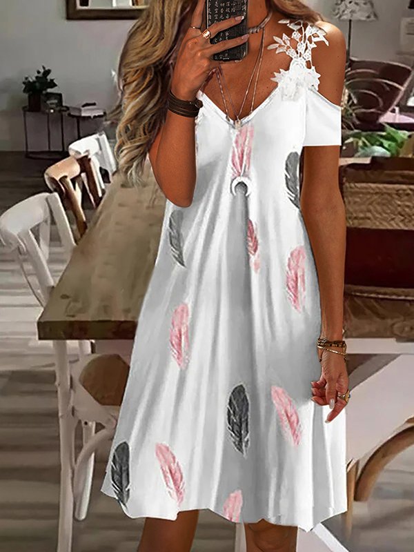 V-Ausschnitt Lässiges Kleid mit Feder Print