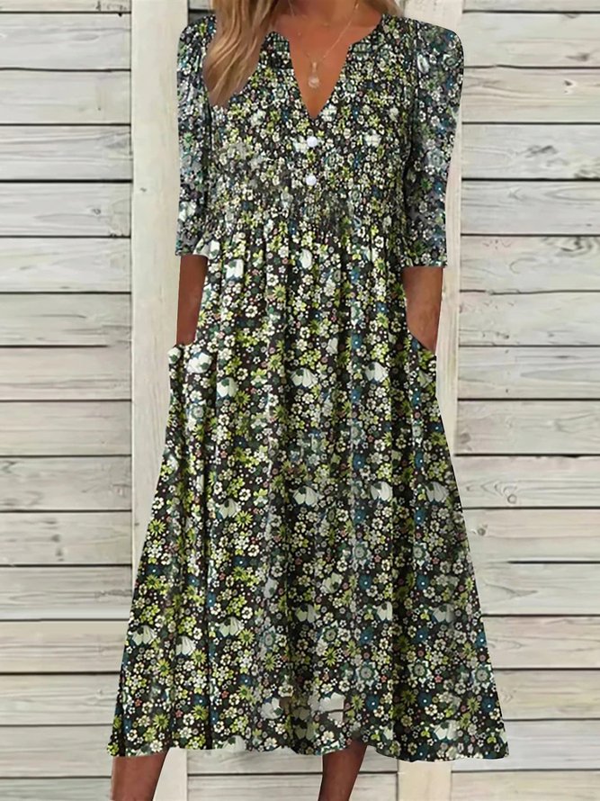 Lässig Kurzarm Gewebe Kleid Blümchen Muster