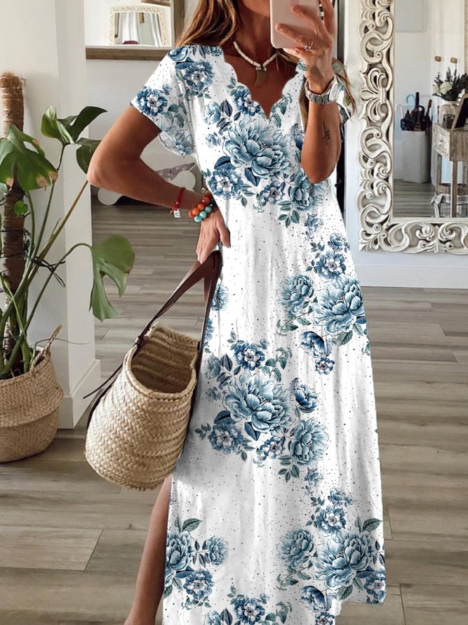 Geblümt Kurzarm V-Ausschnitt Große Größen Print Kleid