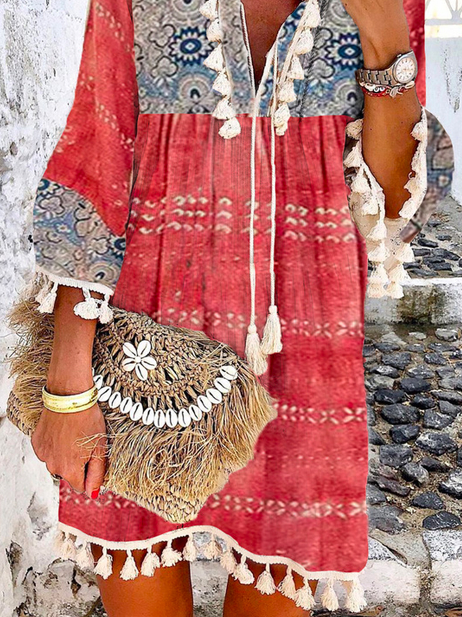 Lässig Locker Ethnisch Langarm Gewebe Kleid